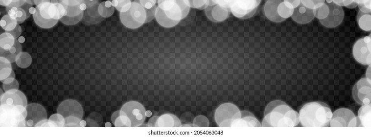 White bokeh on isolated transparent background. Light effect png, blurred bokeh png, bokeh frame. Magic shine.