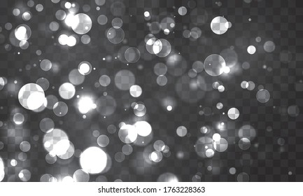 Bokeh blanco, luces plateadas, luz de bokeh borrosa sobre fondo transparente. plantilla de vacaciones de Navidad y Año Nuevo. El brillo abstracto desenfocó estrellas y chispas parpadeantes. EPS vectorial 10