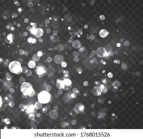 White bokeh, silver lights, blurred bokeh light on transparent background. Christmas and New Year holidays template. Abstract glitter defocused blinking stars and sparks. Vector EPS 10