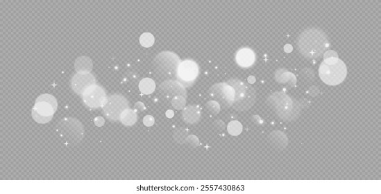 White bokeh with stars and sparkles, shiny overlay decoration isolated on grey background