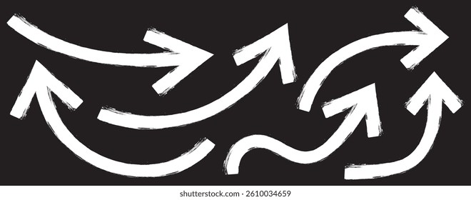 White Bold brush drawn arrows. Set of White Hand drawn vector arrows doodle. Hand drawn White grunge bent arrow pointing upwards, bold brush stroke. White hand drawn brush arrow icon vector set.