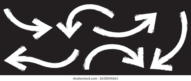 White Bold brush drawn arrows. Set of White Hand drawn vector arrows doodle. Hand drawn White grunge bent arrow pointing upwards, bold brush stroke. White hand drawn brush arrow icon vector set.