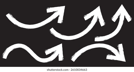White Bold brush drawn arrows. Set of White Hand drawn vector arrows doodle. Hand drawn White grunge bent arrow pointing upwards, bold brush stroke. White hand drawn brush arrow icon vector set.