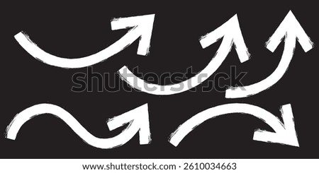 White Bold brush drawn arrows. Set of White Hand drawn vector arrows doodle. Hand drawn White grunge bent arrow pointing upwards, bold brush stroke. White hand drawn brush arrow icon vector set.