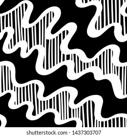 white bold handdrawn ink wavy lines, thin stripes on black. seamless vector pattern