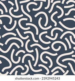 Weiße, fette Knickchen. Weiße, gekrümmte Linien einzeln auf dunklem Hintergrund. Monochrome geometrische nahtlose Muster.