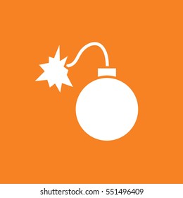 White bomb with a burning wick. Bomb vector icon. Orange background