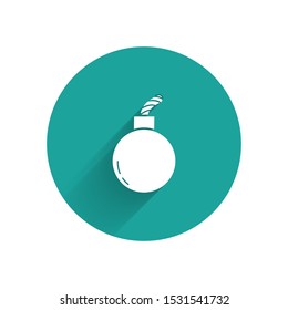 White Bomb ready to explode icon isolated with long shadow. Green circle button. Vector Illustration