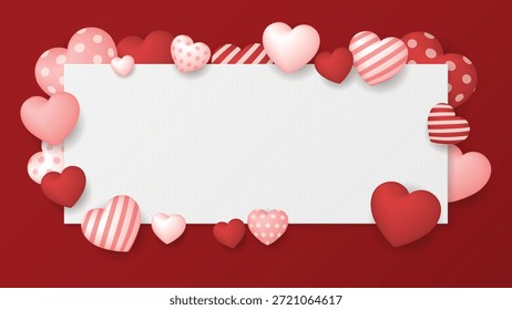 White bond paper rough texture on red background have many heart balloons various designs floating around. Valentine's day love letter horizontal template.