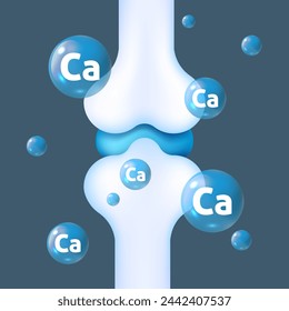 White bone and Calcium Ca. Bone with calcium. Calcium mineral sign. Glossy drop pill capsule. Dietary supplement bone, medical, healthcare concept. Calcium effect, bone strengthening