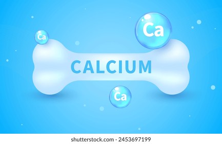 White bone and Calcium Ca. Realistic 3d bone with calcium. Calcium mineral sign. Glossy drop pill capsule. Dietary supplement bone, medical, healthcare concept. Calcium effect, bone strengthening