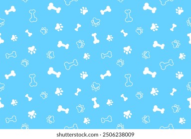 White Bone And Cat Or Dog Paw Pattern On Blue Background. Wallpaper. Vector Illustration