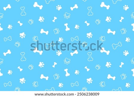 White Bone And Cat Or Dog Paw Pattern On Blue Background. Wallpaper. Vector Illustration
