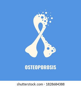 White bone shape loop on blue background. Osteoporosis awareness ribbon poster for bone density loss prevention. Skeletal system disease. Senior osteopathy medical concept. Vector illustration.