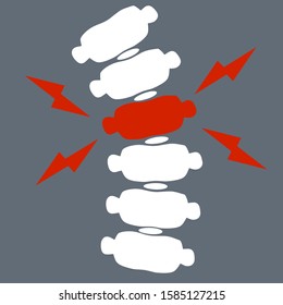 White bones of spine with sick intervertebral disc. Posture problems and crack.
