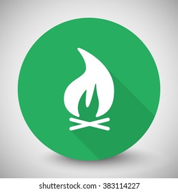 White Bonfire icon with long shadow on green circle