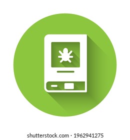 White Book about insect icon isolated with long shadow. Green circle button. Vector