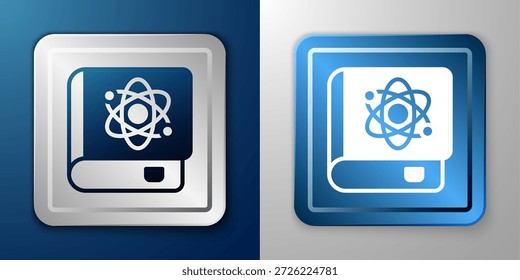 Libro blanco sobre el icono de la física aislado en el fondo azul y gris. Botón cuadrado plateado y azul. Vector