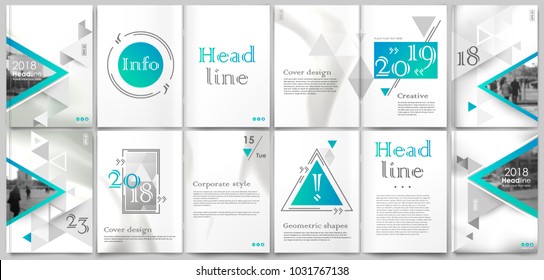 White book binder mockup. A4 brochure cover design. Title sheet model set. Modern vector front page art. Urban city house font. Blue triangle facets frame, lines connection, logo icon. Ad flyer text