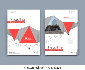 White book binder mockup. A4 brochure cover design. Title sheet model set. Modern vector front page art. Urban city house font. Red triangle facets frame, lines connection, logo icon. Ad flyer text