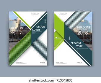 White book binder mockup. A4 brochure cover design. Title sheet model set. Modern vector front page art. Urban city house board. Green lines frame, triangle figure, brand logo icon. Ad flyer text font