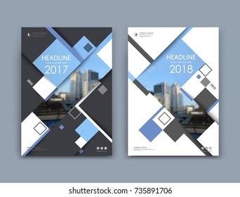 White book binder mockup. A4 brochure cover design. Title sheet model set. Modern vector front page art. Urban city house board. Blue lines frame, rhombus figure, brand logo icon. Ad flyer text font