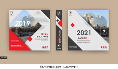 White book binder mockup. Brochure cover design. Title sheet model set. Modern vector front page art. Urban city house board. Red lines frame, rhombus figure, brand logo icon. Ad flyer text font. 
