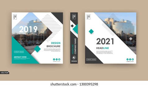 White book binder mockup. Brochure cover design. Title sheet model set. Modern vector front page art. Urban city house board. Blue lines frame, rhombus figure, brand logo icon. Ad flyer text font. 
