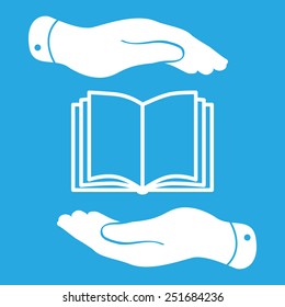white book icon in flat hands isolated on blue background- vector illustration