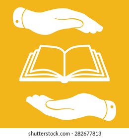white book icon in flat hands isolated on yellow background- vector illustration