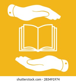 white book icon in flat hands isolated on yellow background- vector illustration