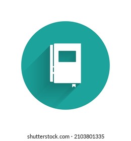 White Book icon isolated with long shadow. Green circle button. Vector