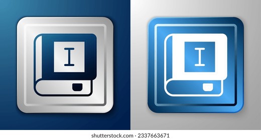 White Book icon isolated on blue and grey background. First volume. Silver and blue square button. Vector