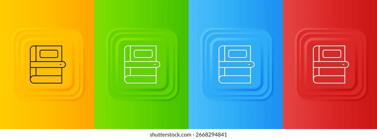 Icono de libro blanco aislado en fondo colorido. Establecer íconos en Botones cuadrados. Vector