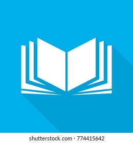 White book icon on blue background. Abstract book with long shadow. Vector illustration.