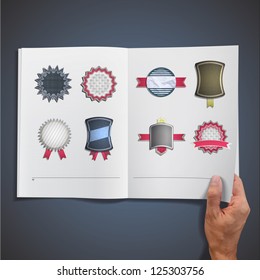  white book with labels inside. Vector design.