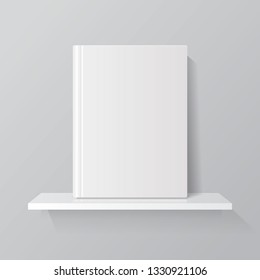 White book on bookshelf. Empty blank book cover vector mockup on library shelf