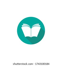 libro blanco con sombra en círculo azul. Icono de educación aislado en fondo blanco. Icono plano de conocimiento. Ilustración vectorial. Leyendo logo. 