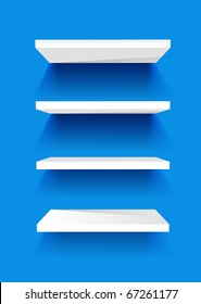 White Book Shelves on a blue painted wall. Vector background.