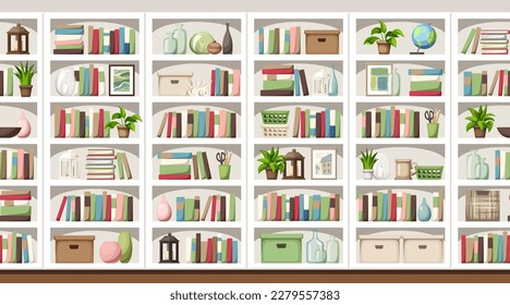 White bookcases with books, houseplants, and decor. Horizontal seamless background with bookcases. Scandinavian interior background. Vector illustration