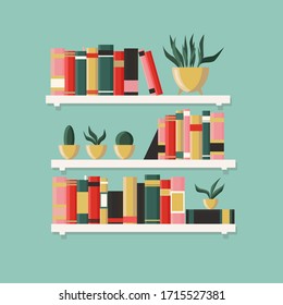 White bookshelf with books and plants. Element of home interior design. Modern interior. Shelves full of boks. Vector illustration isolated on a light blue background. 