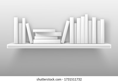 White bookshelf mockup, books on shelf in library, home, school or office interior. Volumes with blank paperback stand in row and lying in pile on rack hanging on wall, realistic 3d vector mock up