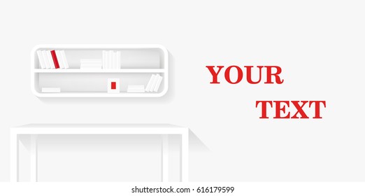 White bookshelf, table and photo frame . Books collection with one red book. Realistic vector. Furniture banners design with a place fir text