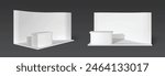 White booth stand with walls, floor and platform for products display. Realistic 3d vector illustration of studio or exhibition room interior mockup. Trade expo event template of presentation kiosk.