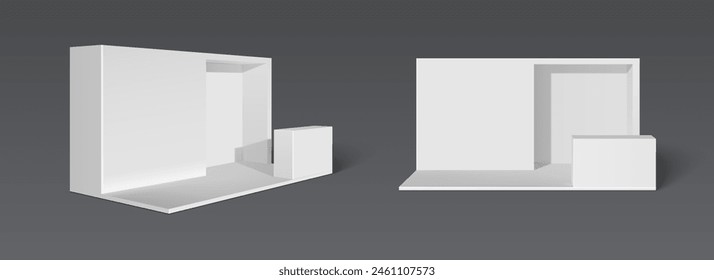 White booth stand with walls, floor and platform for products display. Realistic 3d vector illustration of studio or exhibition room interior mockup. Trade expo event template of presentation kiosk.