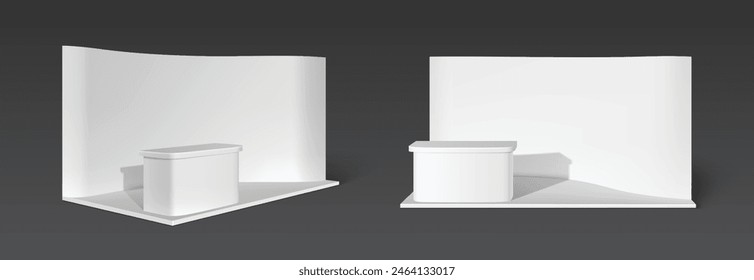 White booth stand with walls, floor and platform for products display. Realistic 3d vector illustration of studio or exhibition room interior mockup. Trade expo event template of presentation kiosk.