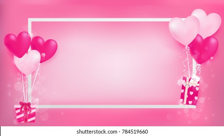 white border with balloon hearts holding sweet gifts on left and right ,artwork contain pastel colors and magic shapes are dropping from decor objects ,middle have some free space for copy and past. 