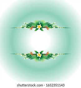 white border of green leaves and tropical flowers on a fresh light green background. illustration of valentine's day invitation and card.