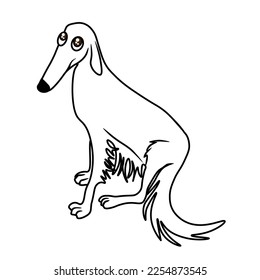 Weiße Borzoi-Hundememe. Cartoon-Illustration des Borzoi-Hundes, dessen Maulkorb ziemlich lang ist. Die Augen sind traurig, groß und wässrig. Vektorgrafik einzeln auf weißem Hintergrund.