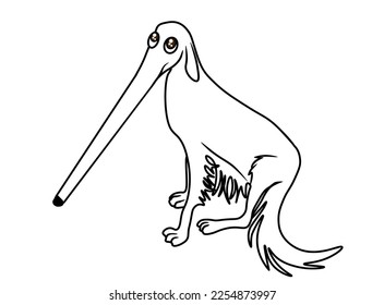 Weiße Borzoi-Hundememe. Cartoon-Illustration des Borzoi-Hundes, dessen Schnauze übermäßig lang ist. Die Augen sind traurig, groß und wässrig. Vektorgrafik einzeln auf weißem Hintergrund.